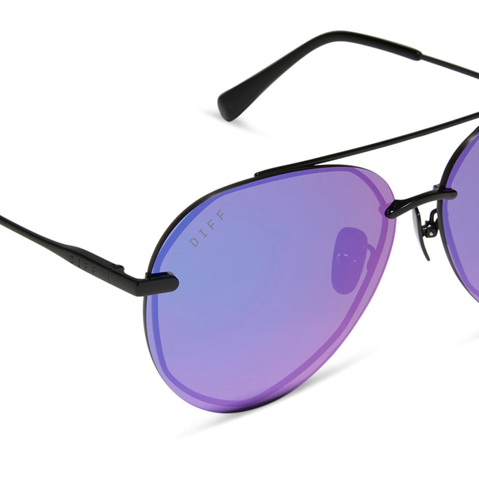 Lenox sunglasses with matte black frames and purple mirror lens detailed shot