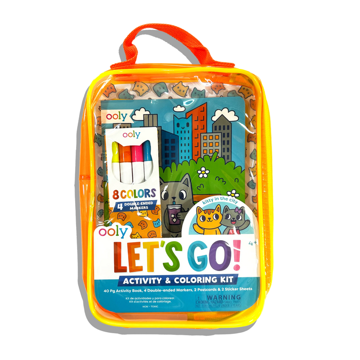 Front of carrying case of OOLY Kitty in the City Let’s Go! Activity & Coloring Kit on a white background