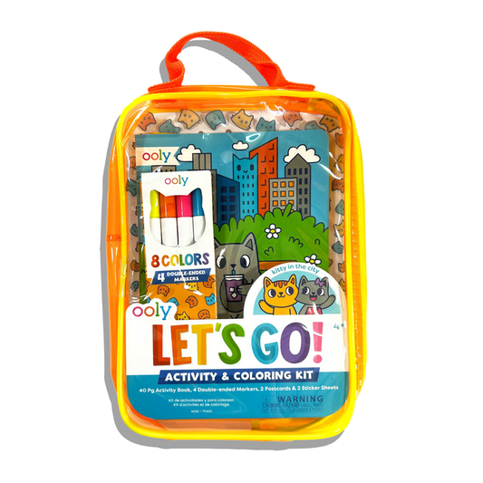 Front of carrying case of OOLY Kitty in the City Let’s Go! Activity & Coloring Kit on a white background