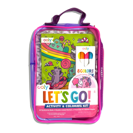 Front of carrying case of OOLY Unicorn Candy Town Let’s Go! Activity & Coloring Kit on a white background