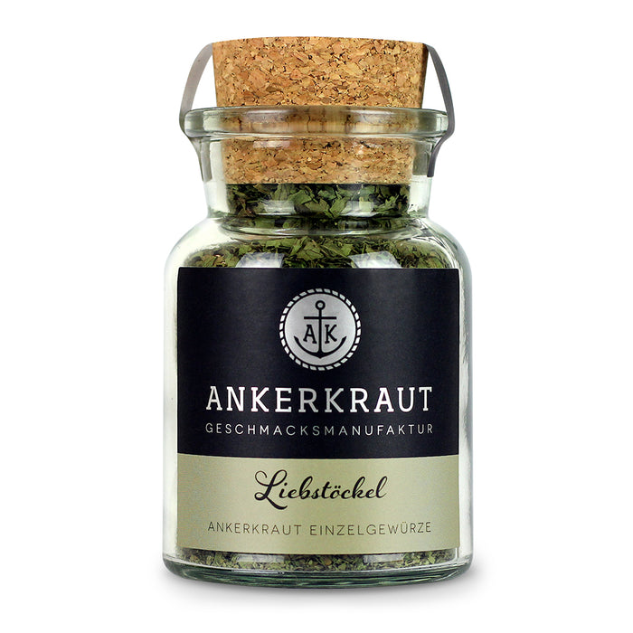 Liebstöckel Gewürz von Ankerkraut im Korkenglas auf weißem Hintergrund.