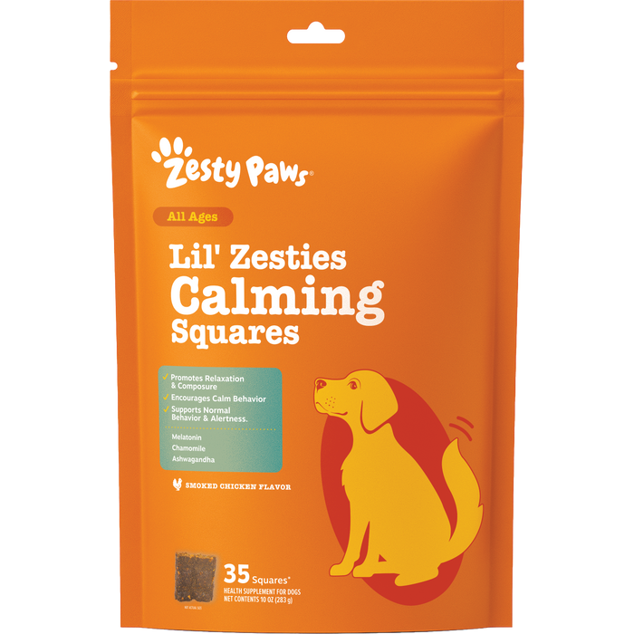 Orange resealable pouch of Zesty Paws Lil' Zesties Calming Squares dog treats with yellow and red dog illustration.