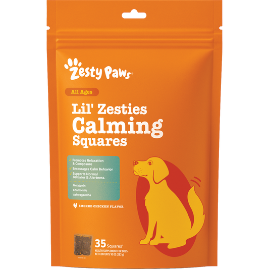 Orange resealable pouch of Zesty Paws Lil' Zesties Calming Squares dog treats with yellow and red dog illustration.
