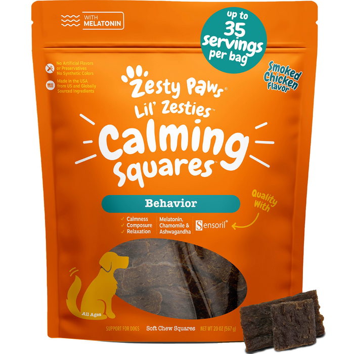 Orange bag of Zesty Paw Lil' Zesties Calming Squares with smoked chicken flavor, displaying brown soft chew squares and produ