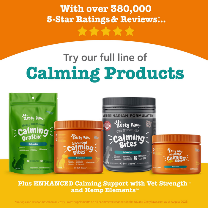 Four dog calming product containers in green, orange, and black packaging displayed against orange and yellow background.