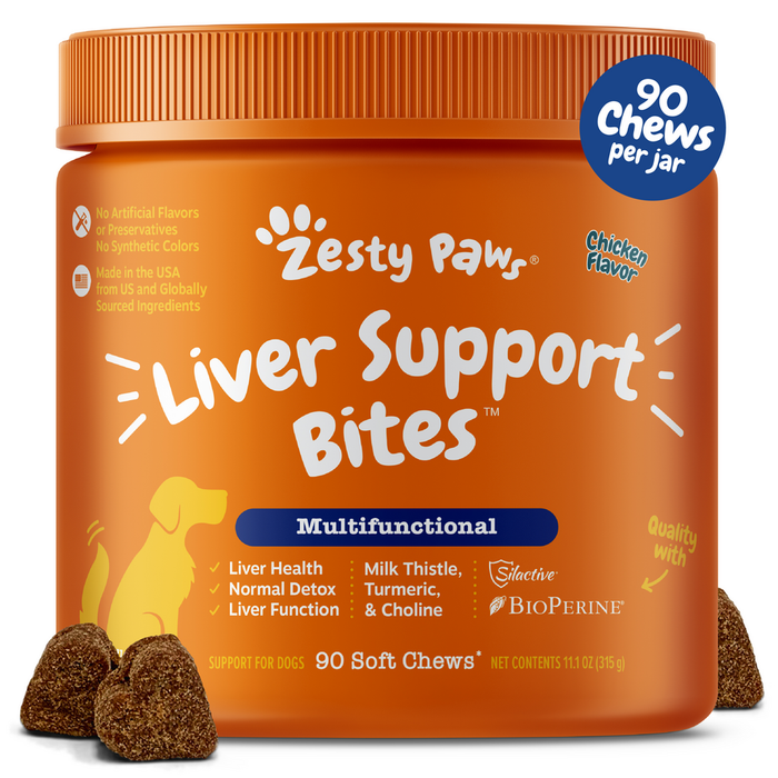 Orange jar of Zesty Paws Liver Support Bites with chicken flavor, 90 soft chews, featuring a yellow dog silhouette and brown