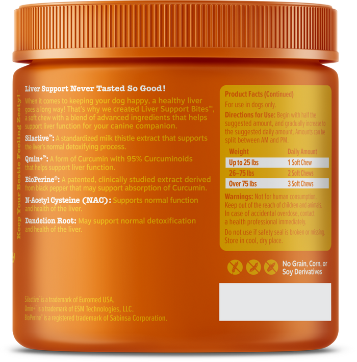 Orange plastic jar with ribbed lid containing dog liver support supplement with white text listing ingredients and yellow pro