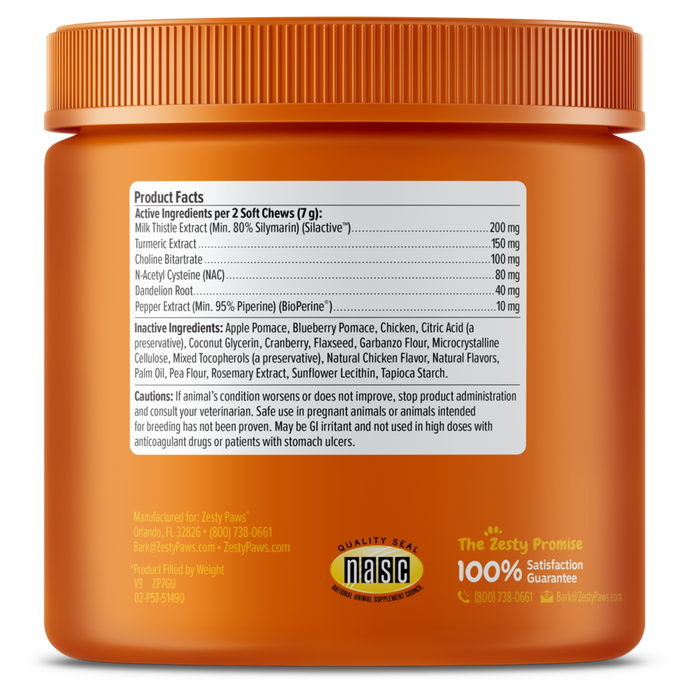Orange jar with ridged cap containing soft chews, white product facts label, and manufacturer information on front and back.