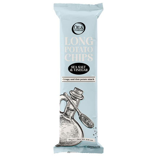 Blue long rectangle snack packaging for sea salt and vinegar long potato chips