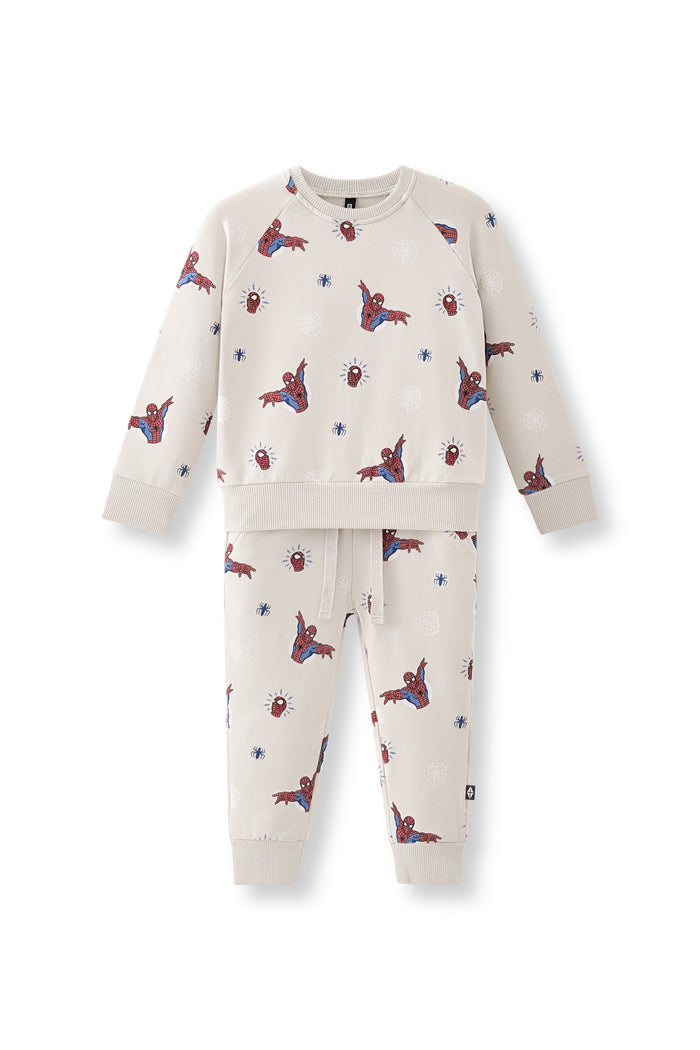 Oat Long Sleeve Jogger Set with Spider-Man print on a white background