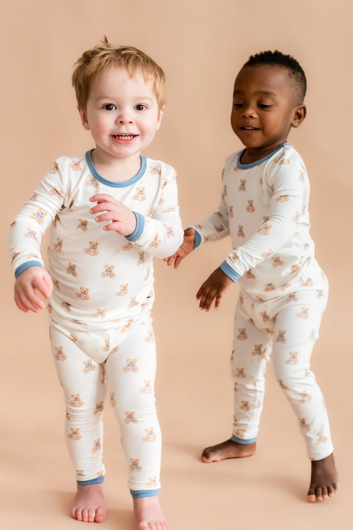 Toddler boys wearing Long Sleeve bamboo Pajamas in Teddy Bear