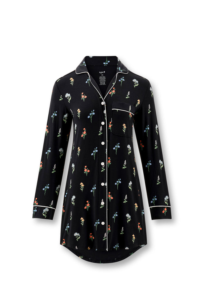 Black Long Sleeve Women’s Nightshirt in Wildflower print on a white background