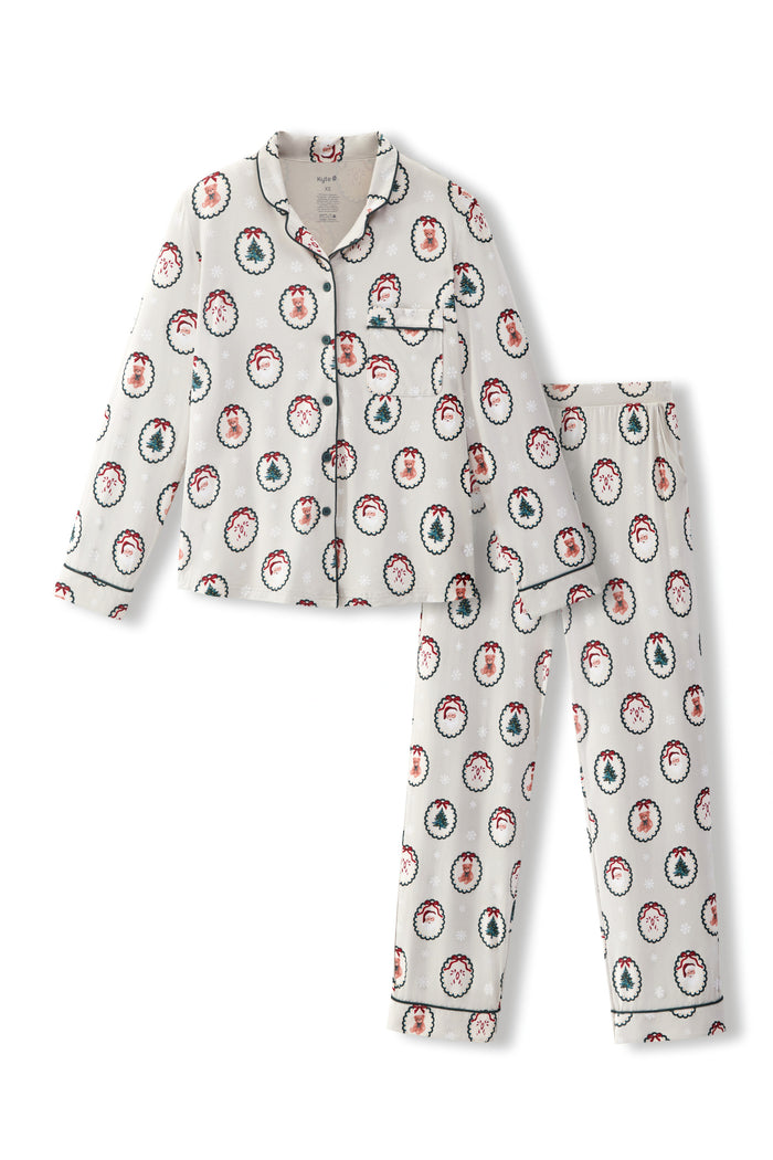 Long sleeve Women's pajama set in Holiday Medallion print on a white background