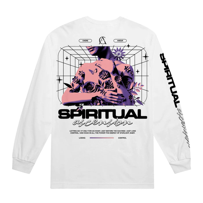 White longsleeve shirt with SPIRITUAL written in black letters down the right sleeve. In the top left corner of the shirt, there is a design of a woman with tattoos on her back. The woman is colored pink and purple with black tattoos, and below reads CHERIE AMOUR.