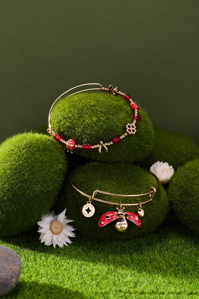 Two bracelets with ladybug charms on a green textured surface with flowers.