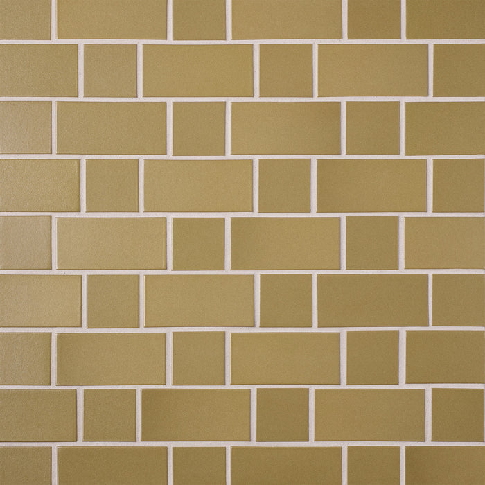Caption: Classic Field 2x2 & 2x4 in M12.2 Olive #1. Prism Chateau grout by Custom Building Products.