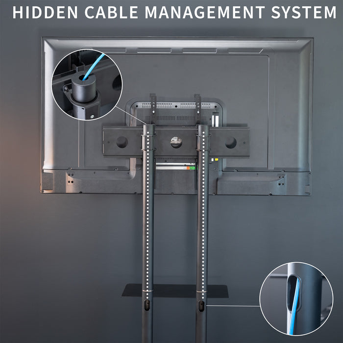 Mobile TV cart displays large screen on rolling stand for ergonomic viewing.