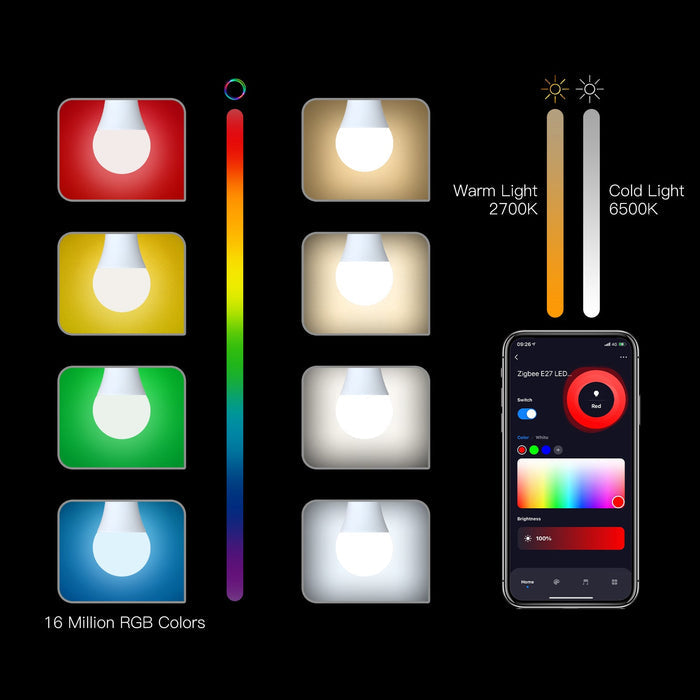 MOES ZigBee Smart LED Light Bulb E27 Dimmable RGB White Color Lamp 806Lm 9W 90-250V - MOES
