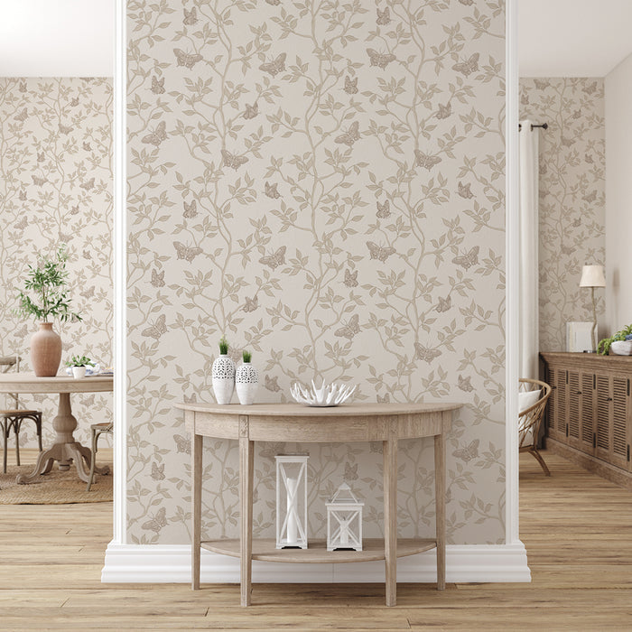 Monarch Non-Pasted Wallpaper - A living room hallway featuring Monarch Unpasted Wallpaper in fawn | Tempaper#color_fawn