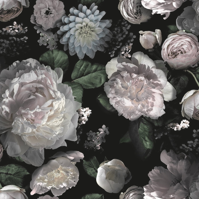 Moody floral peel-and-stick wallpaper with deep colors and big fluffy flowers from Tempaper.