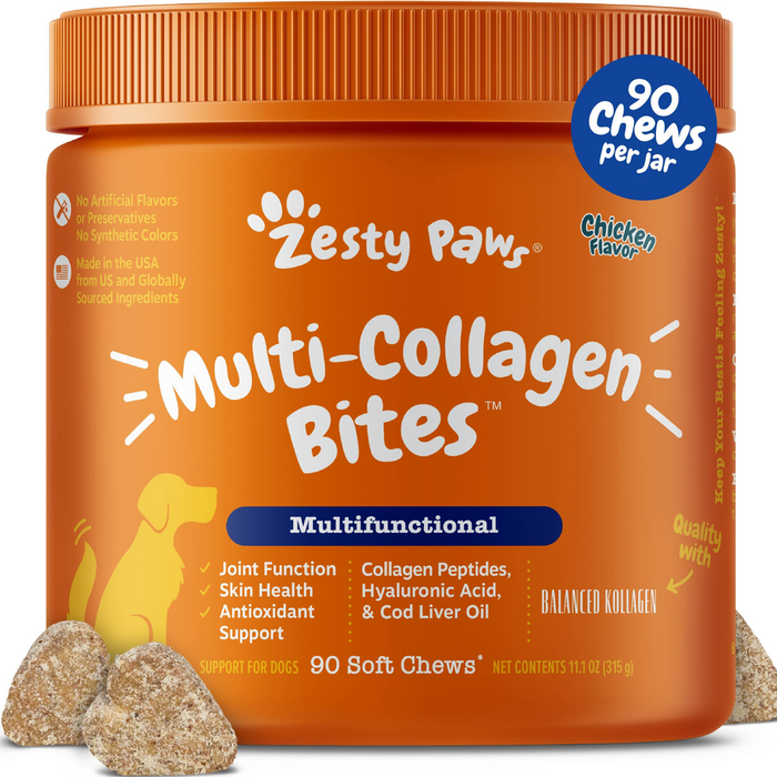 Orange Zesty Paw jar of Multi-Collagen Bites dog treats with 90 soft chews, chicken flavor, showing three bite-sized pieces i