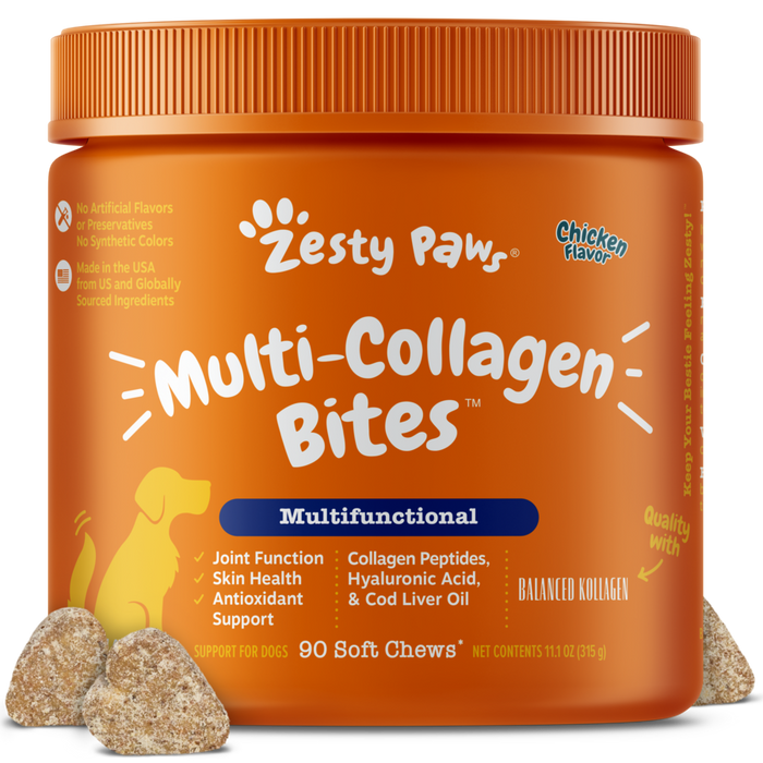 Orange jar of Zesty Paw Multi-Collagen Bites dog treats with chicken flavor, containing 90 soft chews.