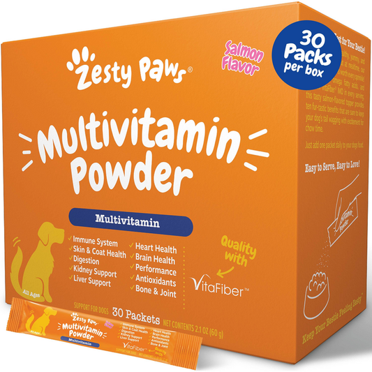 Orange box of Zesty Paws multivitamin powder for dogs in salmon flavor with 30 individual packets.