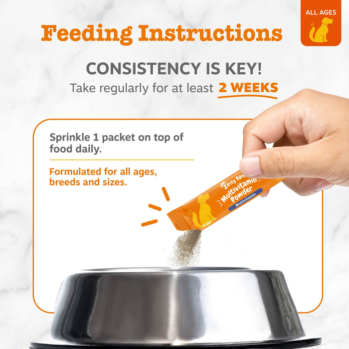 Hand sprinkling multivitamin powder from orange packet into stainless steel dog bowl with feeding instructions text.