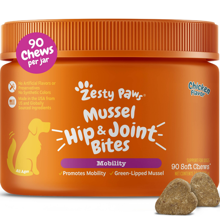 Orange jar of Zesty Paw Mussel Hip & Joint Bites dog treats with purple lid, containing 90 soft chews, with two tan-colored c
