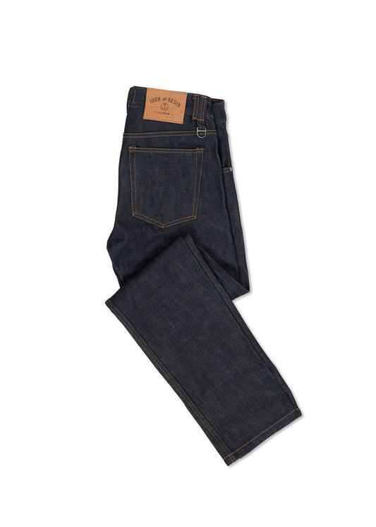 Dark blue denim jeans folded neatly, featuring a brown leather patch with "Iron and Resin" branding on the waistband.