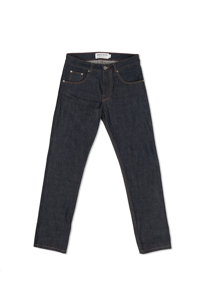 Dark blue denim jeans with classic five-pocket design, displayed flat on a white background, showcasing their straight-leg cut.