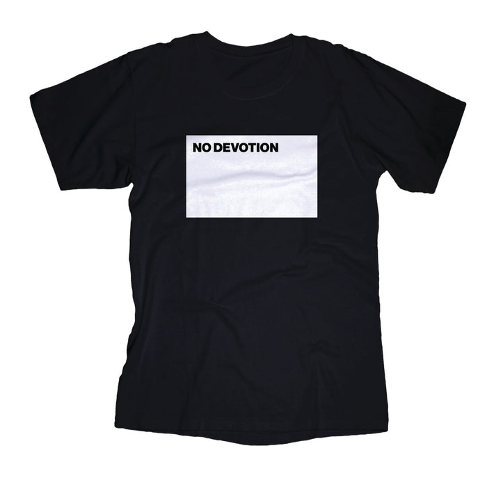 A No Devotion black T-shirt with a large white rectangle on the chest, featuring "NO DEVOTION" printed boldly in black inside the rectangle.