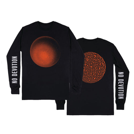 Two No Devotion black long-sleeve T-shirts with NO DEVOTION in white on both sleeves, featuring a bold red-orange sphere graphic on the front and a textured red-orange circular design on the back.