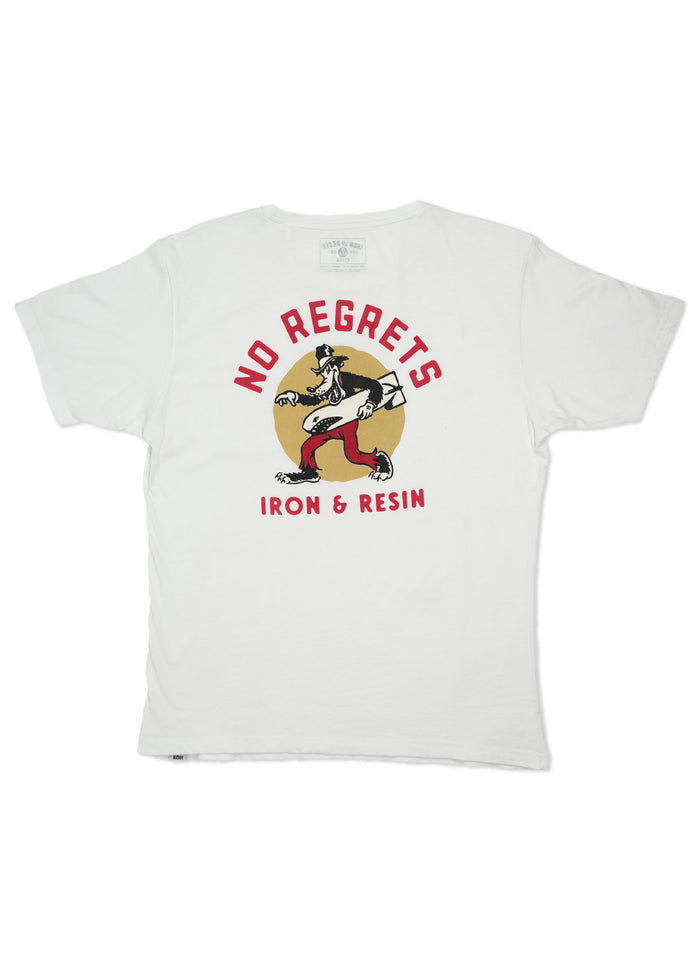 White t-shirt with "No Regrets" and "Iron & Resin" text, featuring a cartoon character holding a guitar against a yellow circle.