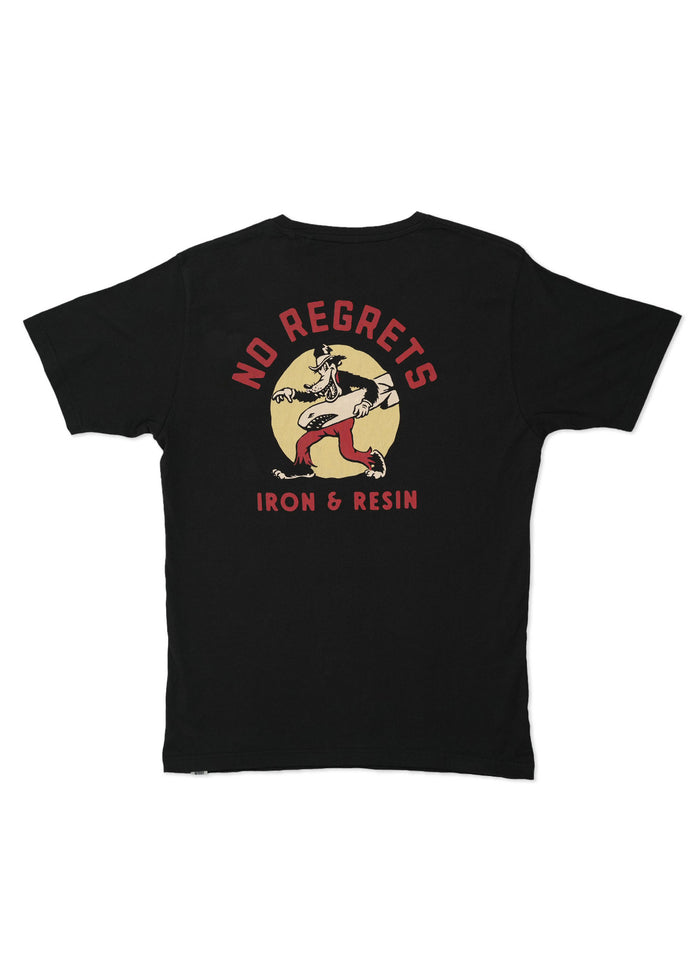 Black T-shirt with "No Regrets" and "Iron & Resin" text, featuring a cartoon wolf playing guitar against a yellow circle backdrop.