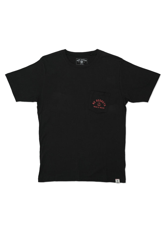 Black T-shirt with "No Regrets" and "Iron & Resin" in red on pocket. Simple design, short sleeves, casual style.