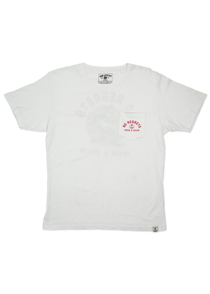 White T-shirt with "No Regrets" and "Iron & Resin" text on pocket, featuring a subtle graphic design. Casual and stylish.