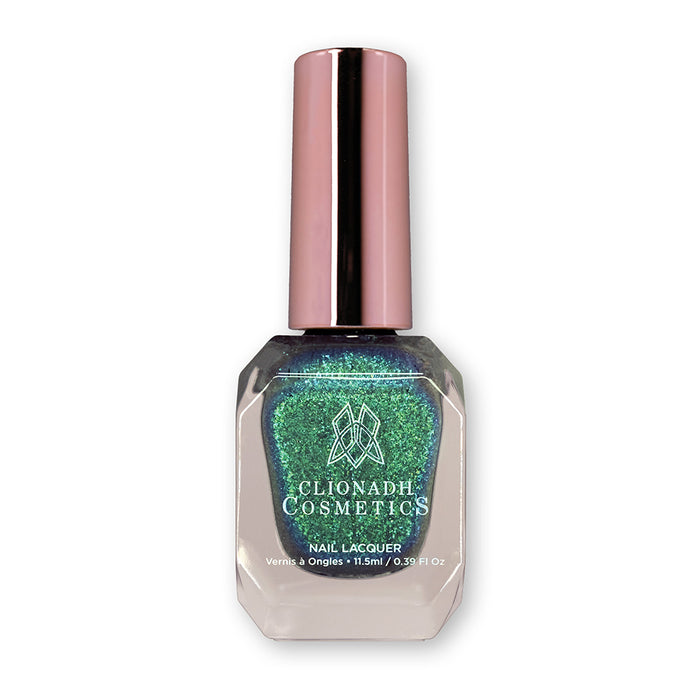 Bottle of nail polish containing Nucleus Accumbens Nail Lacquer bottle on a white background.