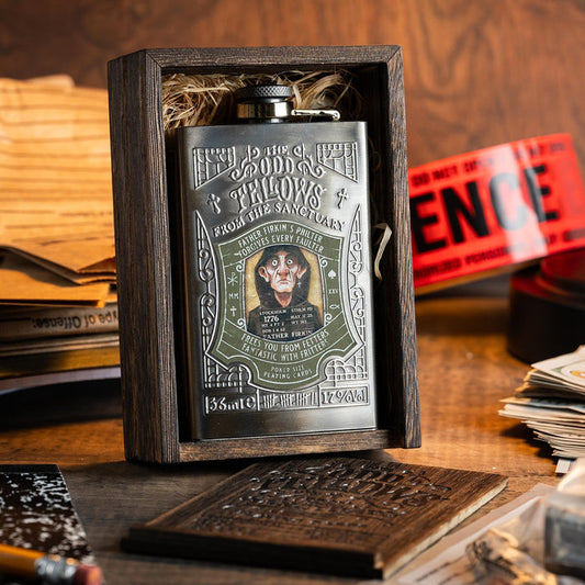 Odd Fellows Playing Cards Father Firkin Flask with decorative label in a wooden box