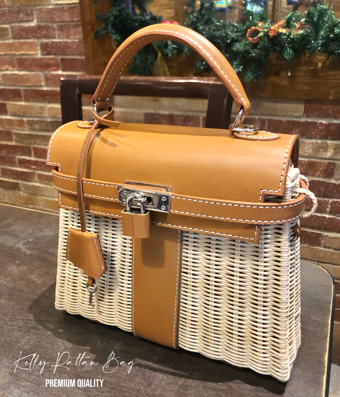 Handmade wicker purse for women with tan leather accents and lock closure from Travellers Hat Boutique