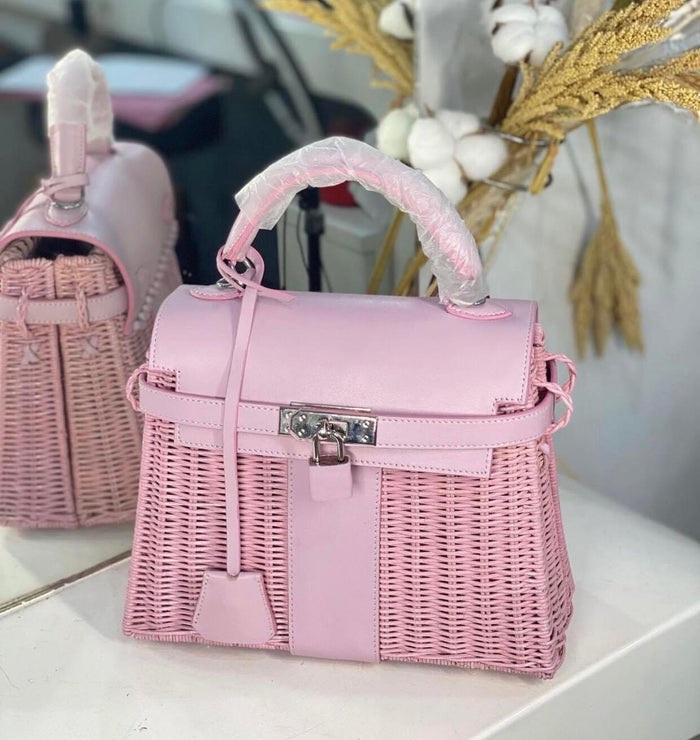 Pink handmade wicker purse for women tote bag with leather accents and top handle