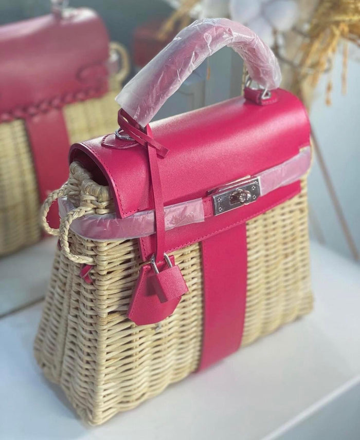 Handmade wicker purse for women with pink leather accents and top handle tote bag