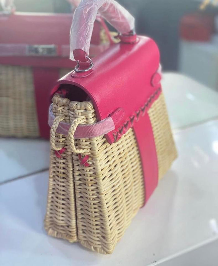 Handmade wicker purse for women tote bag with red leather accents and double compartments
