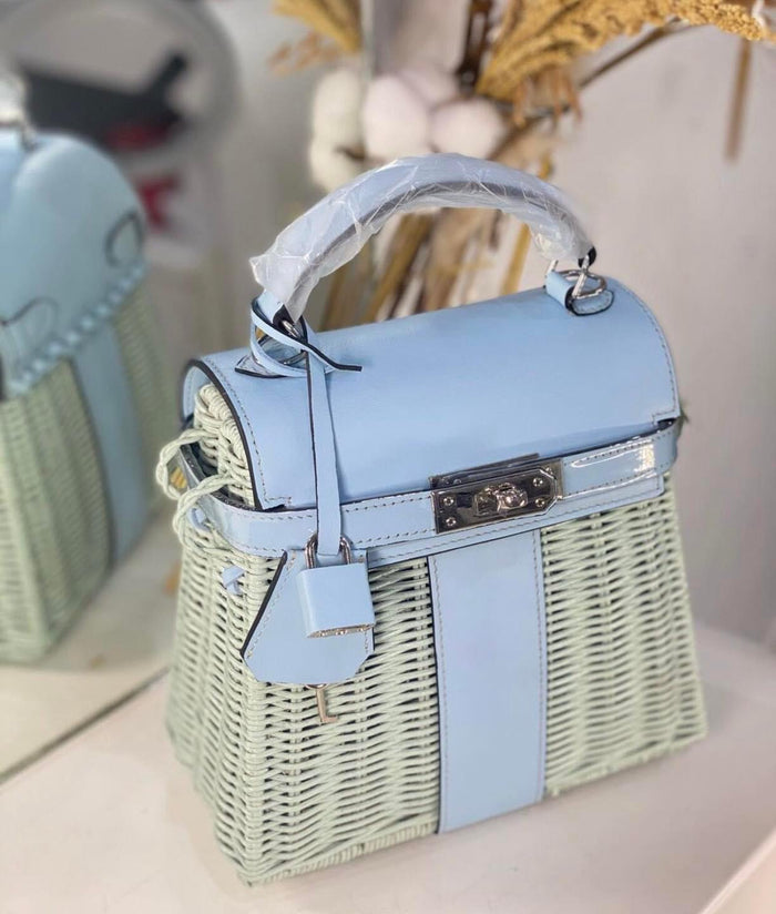 Handmade wicker purse for women tote bag with light blue leather accents by Travellers Hat Boutique