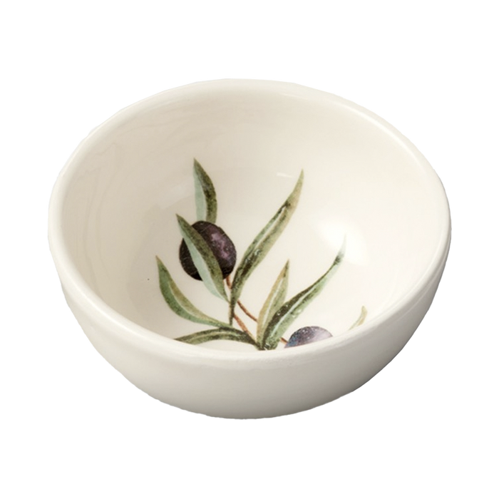 A white ceramic bowl with an olive branch design inside.