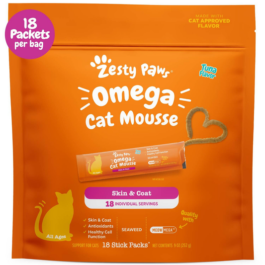 Orange pouch of Zesty Paw Omega Cat Mousse with tuna flavor, containing 18 individual stick packets for cats of all ages.