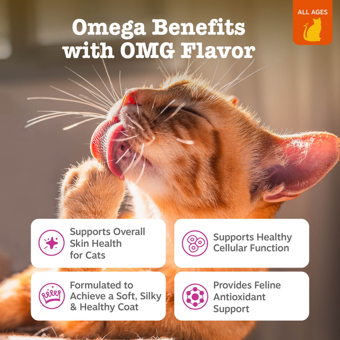 Orange and white cat licking its paw with product benefits text overlay.