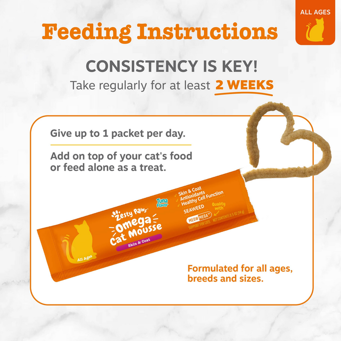 Orange packet of Omega Cat Mousse with seaweed, showing feeding instructions and benefits for skin, coat, and healthy cell fu