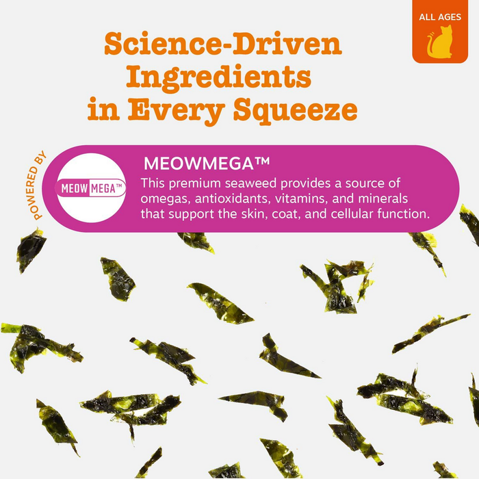 Product packaging for Omega Cat Mousse featuring seaweed pieces and text about science-driven ingredients with MEOWMEGA brand