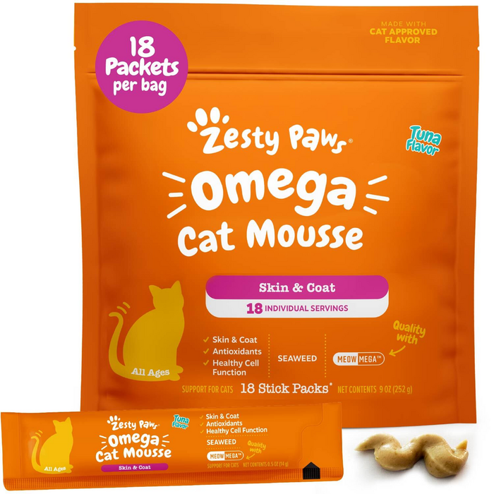 Orange bag of Zesty Paw Omega Cat Mousse containing 18 packets, with cat silhouette and product information displayed.
